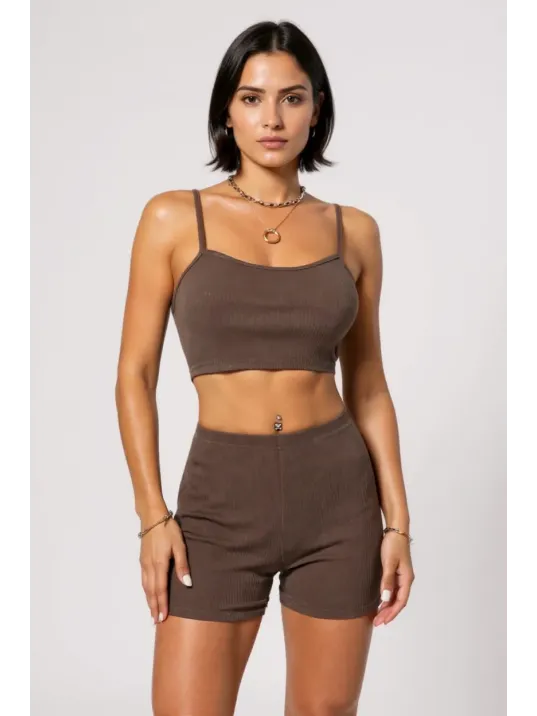 Kadın Kahverengi Şortlu Kaşkorse Gecelik Takım – Modern, Konforlu Ve Günlük Kombinlere Uygun