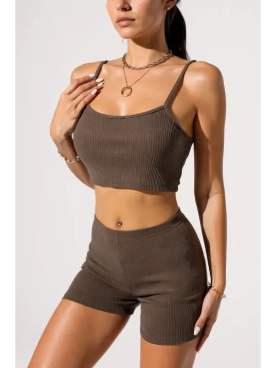 Kadın Kahverengi Şortlu Kaşkorse Gecelik Takım – Modern, Konforlu Ve Günlük Kombinlere Uygun