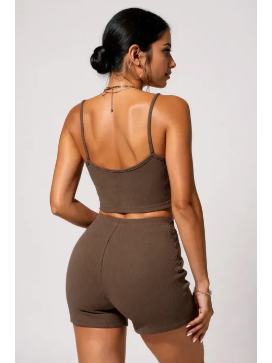 Kadın Kahverengi Şortlu Kaşkorse Gecelik Takım – Modern, Konforlu Ve Günlük Kombinlere Uygun