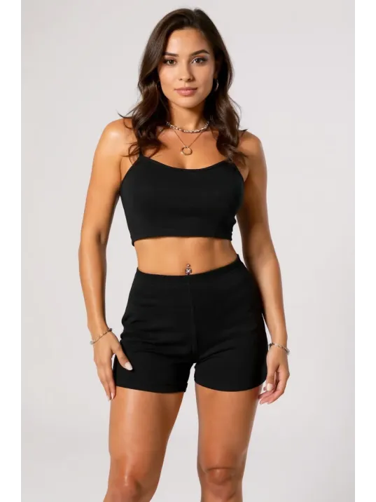 Kadın Siyah Şortlu Kaşkorse Gecelik Takım – Modern, Konforlu Ve Günlük Kombinlere Uygun