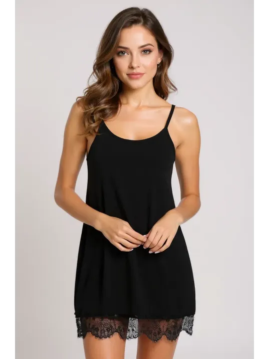 Kadın Siyah Ip Askılı Dantel Detaylı Gecelik – Modern Ve Şık Tasarım