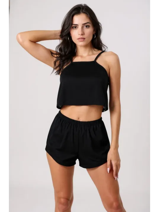 Kadın Siyah Arkası Komple Dantel Şortlu Gecelik Takım