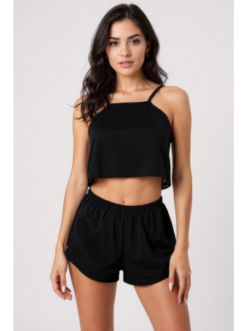 Kadın Siyah Arkası Komple Dantel Şortlu Gecelik Takım