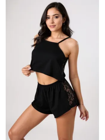 Kadın Siyah Arkası Komple Dantel Şortlu Gecelik Takım Kadın Siyah Arkası Komple Dantel Şortlu Gecelik Takım