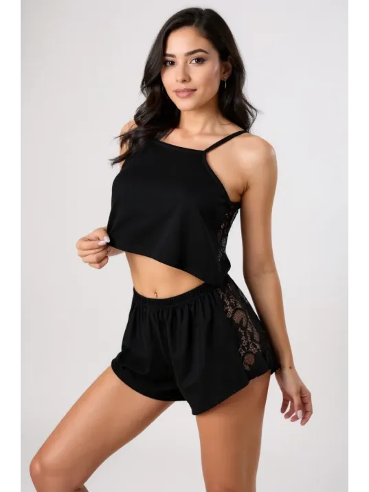 Kadın Siyah Arkası Komple Dantel Şortlu Gecelik Takım