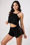 Kadın Siyah Arkası Komple Dantel Şortlu Gecelik Takım