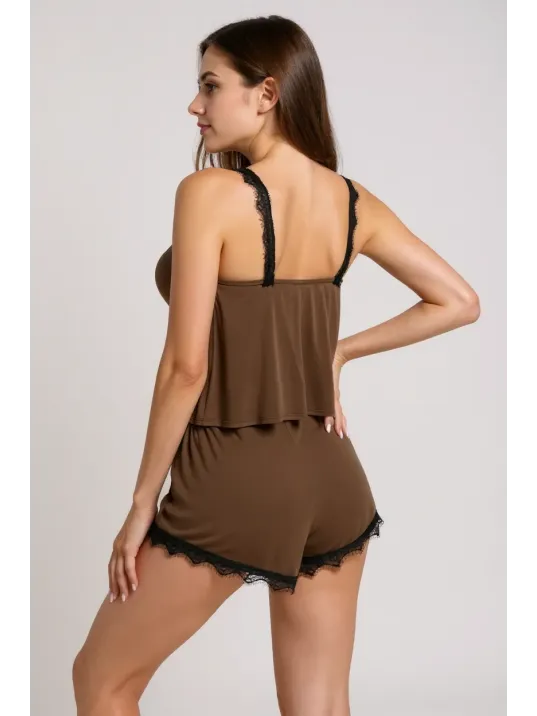 Kadın Kahverengi Dantelli Şortlu Pijama Takımı – Rahat, Şık Ve 4 Mevsim Kullanım Kadın Kahverengi Dantelli Şortlu Pijama Takımı – Rahat, Şık Ve 4 Mevsim Kullanım