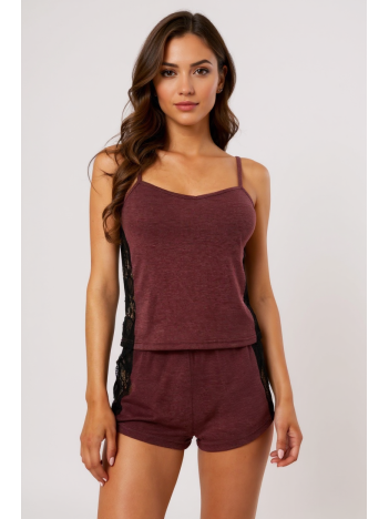 Kadın Bordo Dantelli Şortlu Gecelik Takım – Modern, Konforlu Ve Günlük Kombinlere Uygun