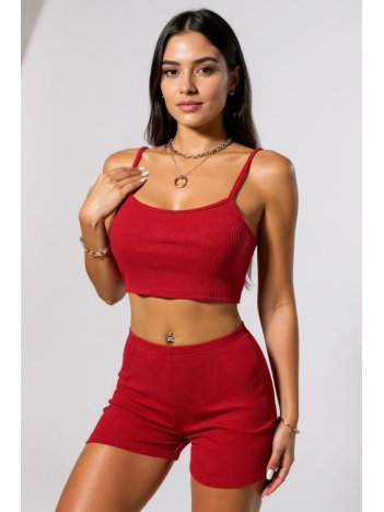 Kadın Kırmızı Şortlu Kaşkorse Gecelik Takım – Modern, Konforlu ve Günlük Kombinlere Uygun