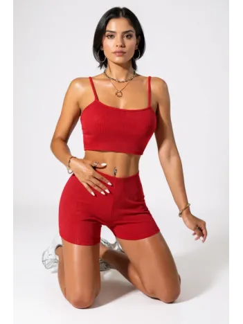 Kadın Kırmızı Şortlu Kaşkorse Gecelik Takım – Modern, Konforlu Ve Günlük Kombinlere Uygun