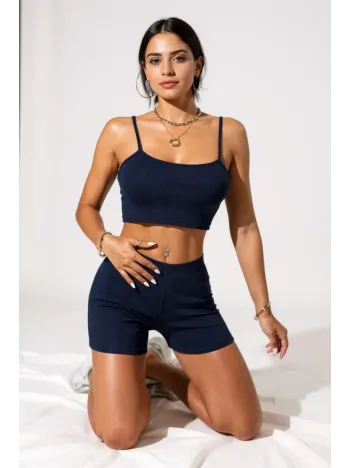Kadın Lacivert Şortlu Kaşkorse Gecelik Takım – Modern, Konforlu Ve Günlük Kombinlere Uygun