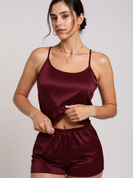 Kadın Bordo Asimetrik Sırt Dekolte Detaylı Şık Şortlu Gecelik Takım – Modern, Konforlu ve Günlük Kombinlere Uygun