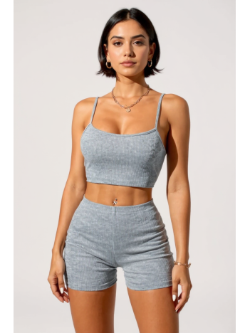 Kadın Gri Melanj Şortlu Kaşkorse Gecelik Takım – Modern, Konforlu Ve Günlük Kombinlere Uygun