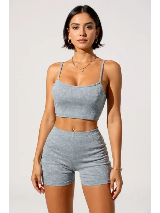 Kadın Gri Melanj Şortlu Kaşkorse Gecelik Takım – Modern, Konforlu Ve Günlük Kombinlere Uygun