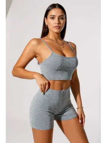 Kadın Gri Melanj Şortlu Kaşkorse Gecelik Takım – Modern, Konforlu Ve Günlük Kombinlere Uygun