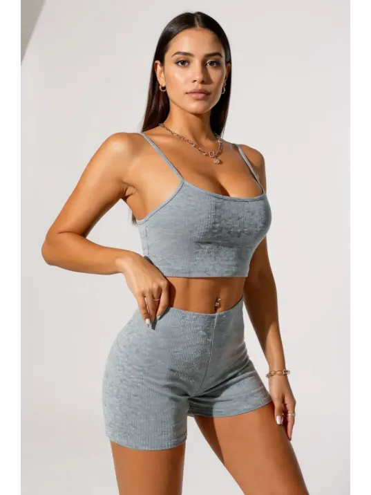 Kadın Gri Melanj Şortlu Kaşkorse Gecelik Takım – Modern, Konforlu Ve Günlük Kombinlere Uygun