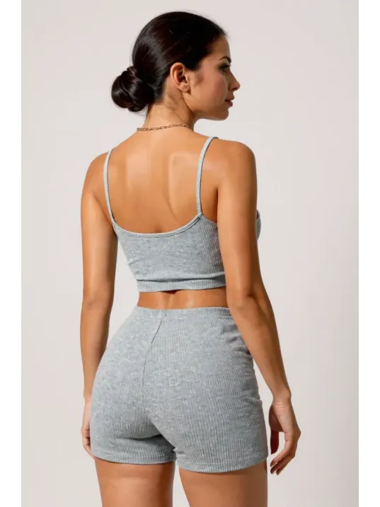Kadın Gri Melanj Şortlu Kaşkorse Gecelik Takım – Modern, Konforlu Ve Günlük Kombinlere Uygun