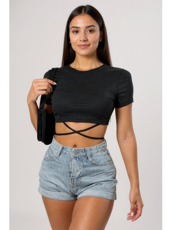 Kadın Siyah Yarım Kol Çapraz Bağlamalı Crop Top Bluz – Şık, Rahat ve Kolay Kombinlenebilir