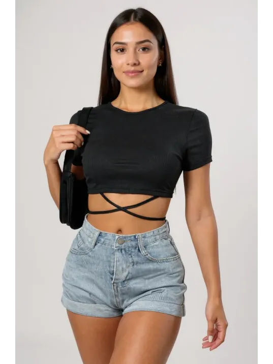 Kadın Siyah Yarım Kol Çapraz Bağlamalı Crop Top Bluz – Şık, Rahat Ve Kolay Kombinlenebilir