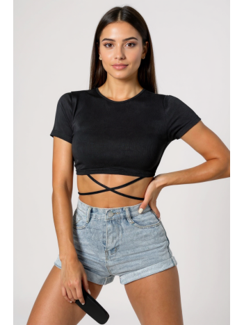 Kadın Siyah Yarım Kol Çapraz Bağlamalı Crop Top Bluz – Şık, Rahat Ve Kolay Kombinlenebilir
