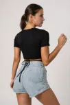 Kadın Siyah Yarım Kol Çapraz Bağlamalı Crop Top Bluz – Şık, Rahat Ve Kolay Kombinlenebilir