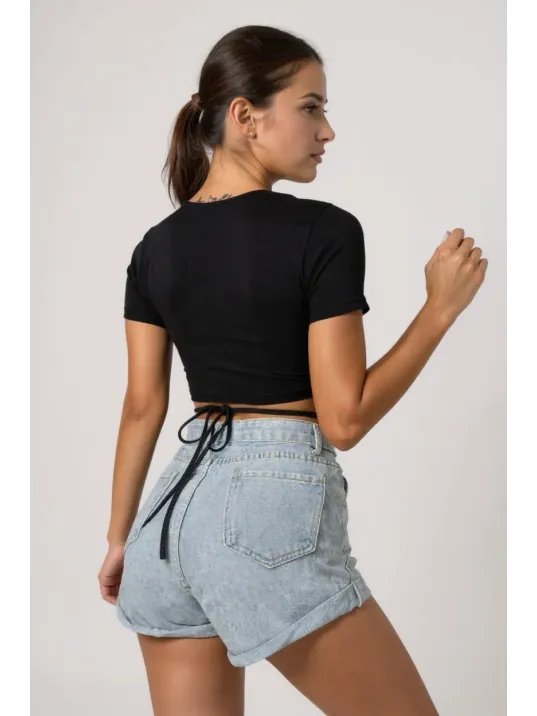 Kadın Siyah Yarım Kol Çapraz Bağlamalı Crop Top Bluz – Şık, Rahat Ve Kolay Kombinlenebilir