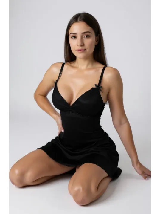 Kadın Siyah Askılı Beli Dantelli Göğsü Fiyonklu Şık Gecelik – Modern Ve Şık Tasarım