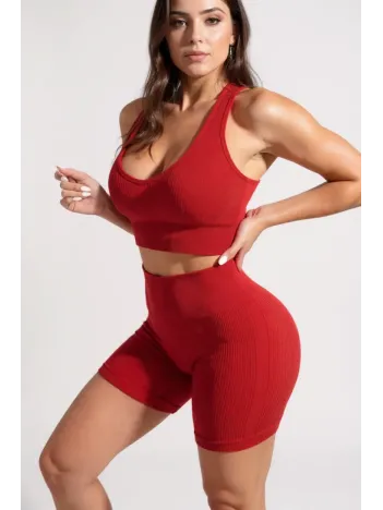 Kadın Kırmızı Yüksek Bel Çapraz Sırt Detaylı Şortlu Gecelik Takım – Modern, Konforlu Ve Günlük Kombinlere Uygun