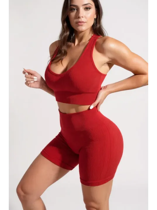 Kadın Kırmızı Yüksek Bel Çapraz Sırt Detaylı Şortlu Gecelik Takım – Modern, Konforlu Ve Günlük Kombinlere Uygun