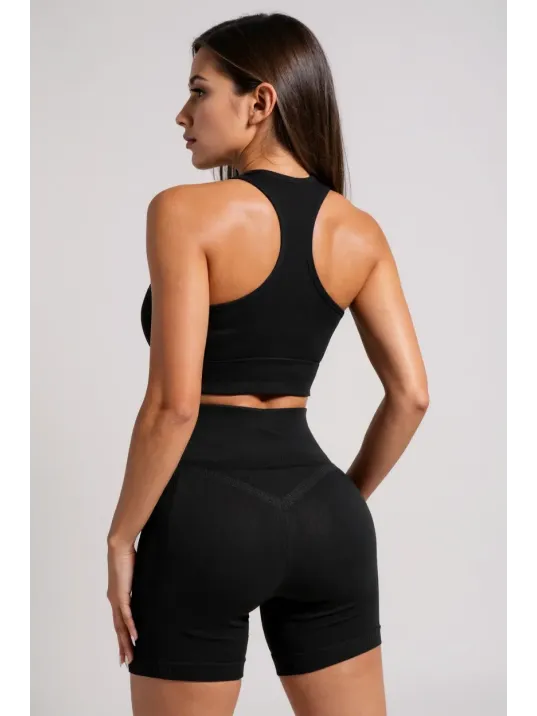 Kadın Siyah Yüksek Bel Çapraz Sırt Detaylı Şortlu Gecelik Takım – Modern, Konforlu Ve Günlük Kombinlere Uygun