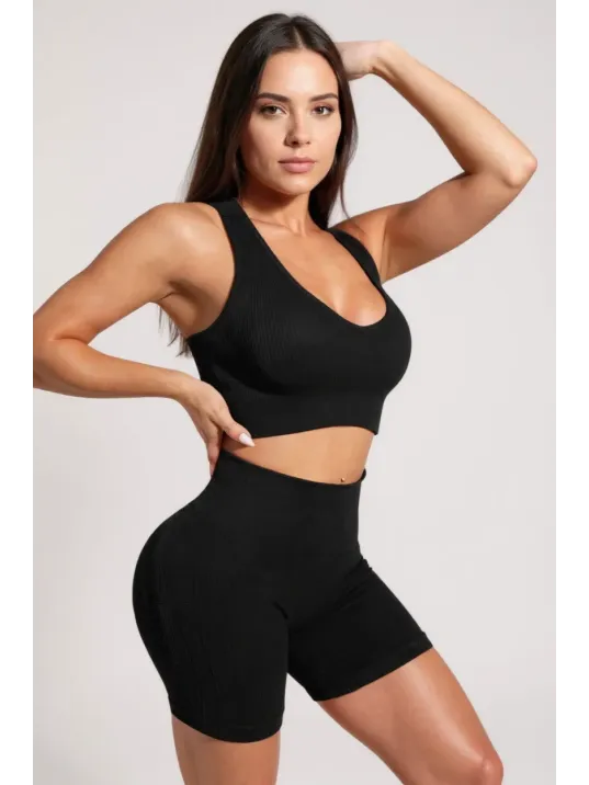 Kadın Siyah Yüksek Bel Çapraz Sırt Detaylı Şortlu Gecelik Takım – Modern, Konforlu Ve Günlük Kombinlere Uygun