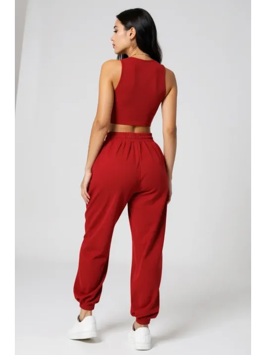 Kadın Kırmızı Kaşkorse Cepli Jogger Eşofman Altı Ve Crop Top Bluz – Şık, Rahat Ve Kolay Kombinlenebilir