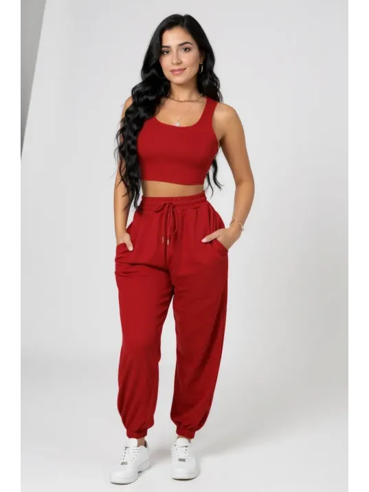 Kadın Kırmızı Kaşkorse Cepli Jogger Eşofman Altı Ve Crop Top Bluz – Şık, Rahat Ve Kolay Kombinlenebilir