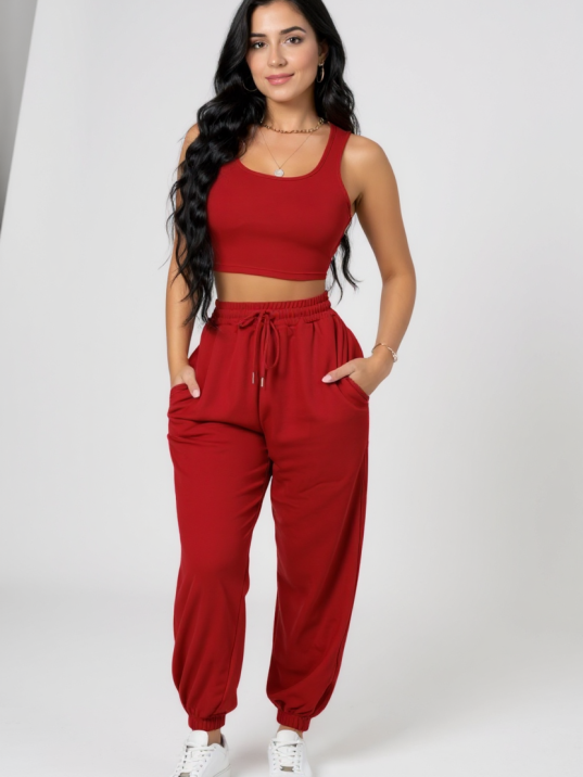 Kadın Kırmızı Kaşkorse Cepli Jogger Eşofman Altı Ve Crop Top Bluz – Şık, Rahat Ve Kolay Kombinlenebilir