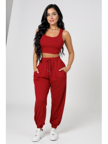 Kadın Kırmızı Kaşkorse Cepli Jogger Eşofman Altı ve Crop Top Bluz – Şık, Rahat ve Kolay Kombinlenebilir