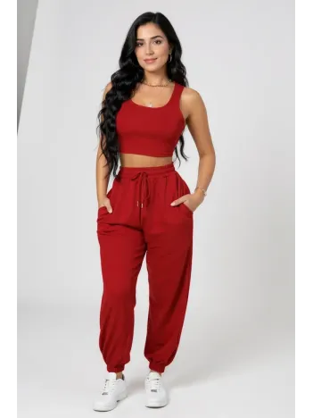Kadın Kırmızı Kaşkorse Cepli Jogger Eşofman Altı Ve Crop Top Bluz – Şık, Rahat Ve Kolay Kombinlenebilir