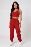 Kadın Kırmızı Kaşkorse Cepli Jogger Eşofman Altı Ve Crop Top Bluz – Şık, Rahat Ve Kolay Kombinlenebilir Kadın Kırmızı Kaşkorse Cepli Jogger Eşofman Altı Ve Crop Top Bluz – Şık, Rahat Ve Kolay Kombinlenebilir