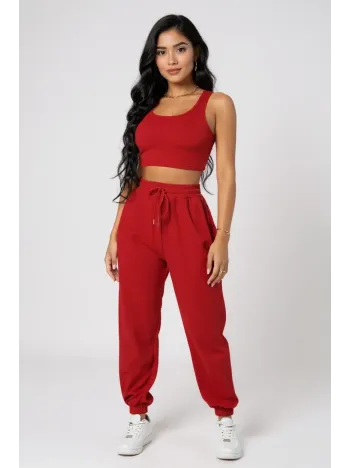 Kadın Kırmızı Kaşkorse Cepli Jogger Eşofman Altı Ve Crop Top Bluz – Şık, Rahat Ve Kolay Kombinlenebilir