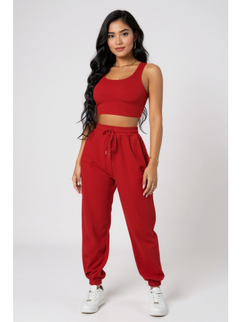 Kadın Kırmızı Kaşkorse Cepli Jogger Eşofman Altı Ve Crop Top Bluz – Şık, Rahat Ve Kolay Kombinlenebilir