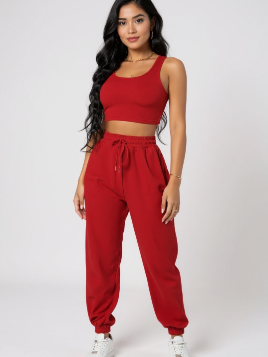 Kadın Kırmızı Kaşkorse Cepli Jogger Eşofman Altı ve Crop Top Bluz – Şık, Rahat ve Kolay Kombinlenebilir