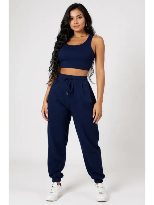 Kadın Lacivert Kaşkorse Cepli Jogger Eşofman Altı Ve Crop Top Bluz – Şık, Rahat Ve Kolay Kombinlenebilir