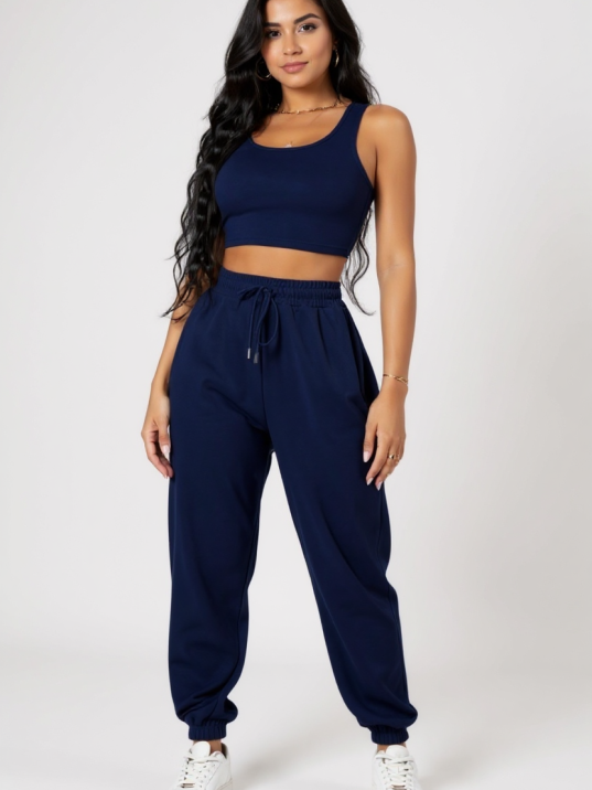 Kadın Lacivert Kaşkorse Cepli Jogger Eşofman Altı Ve Crop Top Bluz – Şık, Rahat Ve Kolay Kombinlenebilir Kadın Lacivert Kaşkorse Cepli Jogger Eşofman Altı Ve Crop Top Bluz – Şık, Rahat Ve Kolay Kombinlenebilir