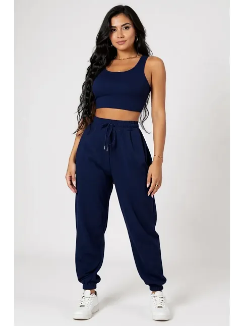 Kadın Lacivert Kaşkorse Cepli Jogger Eşofman Altı Ve Crop Top Bluz – Şık, Rahat Ve Kolay Kombinlenebilir