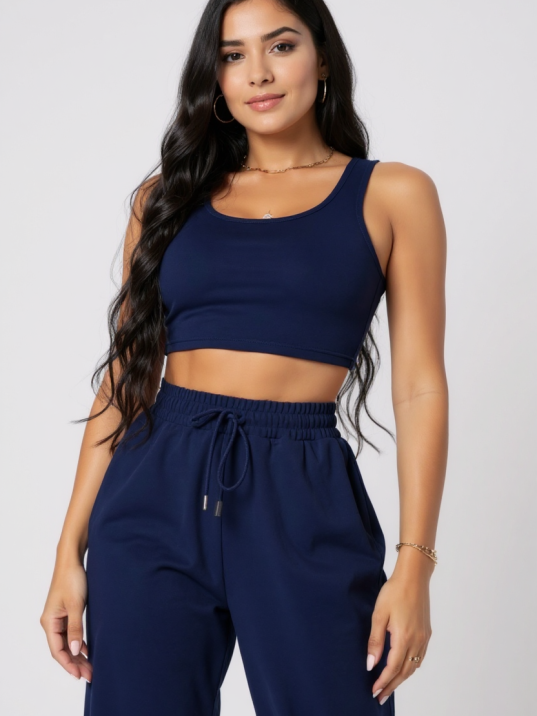 Kadın Lacivert Kaşkorse Cepli Jogger Eşofman Altı Ve Crop Top Bluz – Şık, Rahat Ve Kolay Kombinlenebilir Kadın Lacivert Kaşkorse Cepli Jogger Eşofman Altı Ve Crop Top Bluz – Şık, Rahat Ve Kolay Kombinlenebilir