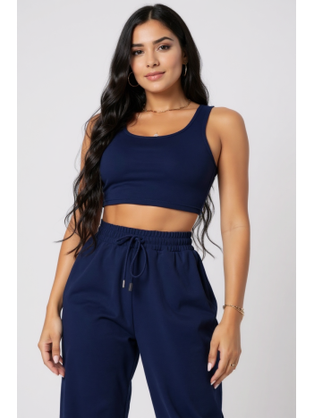 Kadın Lacivert Kaşkorse Cepli Jogger Eşofman Altı ve Crop Top Bluz – Şık, Rahat ve Kolay Kombinlenebilir