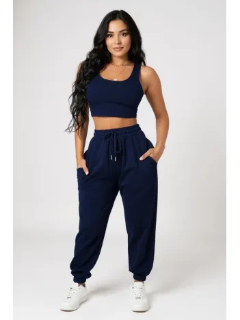 Kadın Lacivert Kaşkorse Cepli Jogger Eşofman Altı Ve Crop Top Bluz – Şık, Rahat Ve Kolay Kombinlenebilir