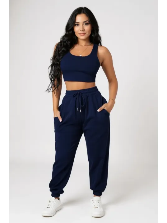 Kadın Lacivert Kaşkorse Cepli Jogger Eşofman Altı Ve Crop Top Bluz – Şık, Rahat Ve Kolay Kombinlenebilir