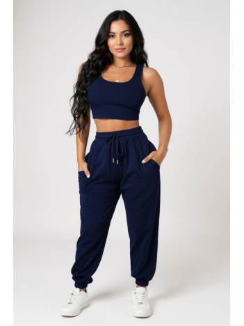 Kadın Lacivert Kaşkorse Cepli Jogger Eşofman Altı ve Crop Top Bluz – Şık, Rahat ve Kolay Kombinlenebilir