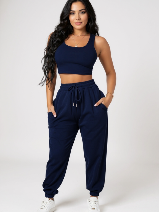 Kadın Lacivert Kaşkorse Cepli Jogger Eşofman Altı ve Crop Top Bluz – Şık, Rahat ve Kolay Kombinlenebilir Kadın Lacivert Kaşkorse Cepli Jogger Eşofman Altı ve Crop Top Bluz – Şık, Rahat ve Kolay Kombinlenebilir