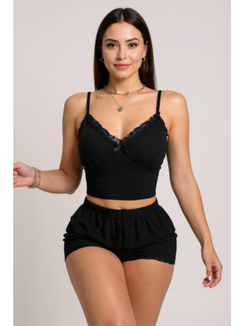 Kadın Siyah Alt Ve Üst Dantel Detaylı Fiyonklu Şortlu Gecelik Takımı – Modern, Konforlu Ve Günlük Kombinlere Uygun